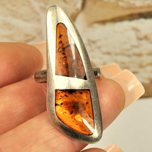 BALTIC AMBER 925 SILVER LONG RING 7.75, RARE TO FIND JEWELRY, GIFT FOR WOMEN - Picture 10 of 10